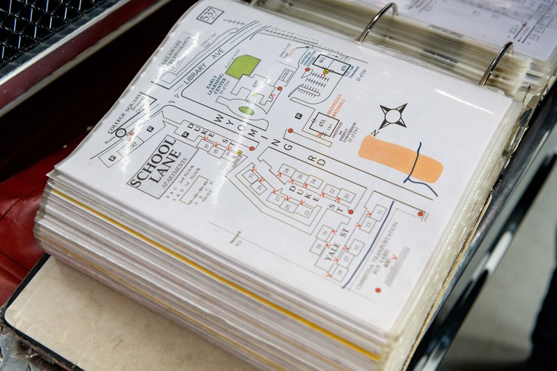  Every fire station has a system in place that lays out all the building plans including where hydrants are located. Aetna Station 9 uses a three-ring binder with a map of every building in Newark as well as a phone app.