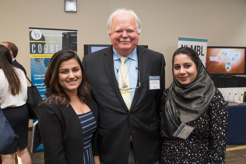 Prof. Ed Freel (center), senior fellow in UD’s Institute for public Administration, met with students who had been part of UD’s Spring Semester In Washington, D.C. Program, including Sanika Salim (left), now executive assistant to the chief of staff in the office of U.S. Sen. Tom Carper, and Areeba Khan, an intern in the office of U.S. Sen. Chris Coons.