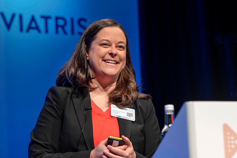 Cathy Fromen delivering her award lecture at DDL2025 in Edinburgh, Scotland. Photo courtesy of DDL Conference.