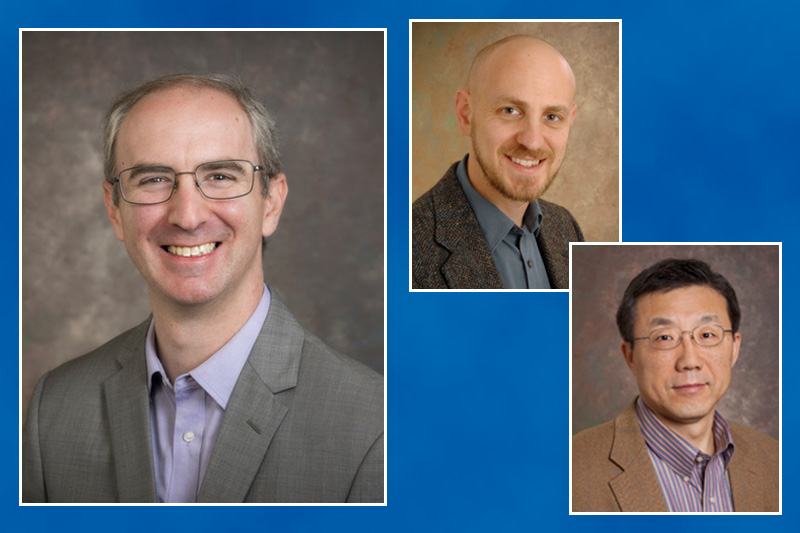 From left, UD’s Ryan Comes, Joshua Zide and John Xiao are part of a collaborative project with West Virginia University that seeks to develop magnetic materials that can switch states using electrical pulses.